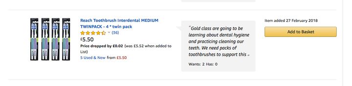 Gibside School includes toothbrushes on its wish list to help children practice cleaning their teeth.