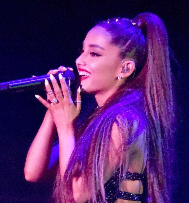 Ariana Grande, wearing what appears to be an engagement ring at a performance on June 2.