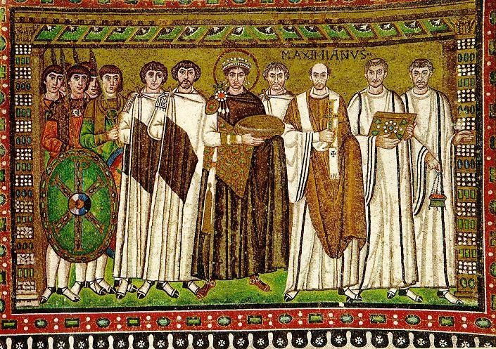 Court of Emperor Justinian with (right) archbishop Maximian and (left) court officials and Praetorian Guards, Basilica of san Vitale of Ravenna, Italy.