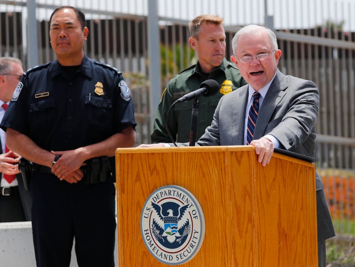 Attorney General Jeff Sessions speaks during a visit to the U.S.-Mexico border wall on May 7.