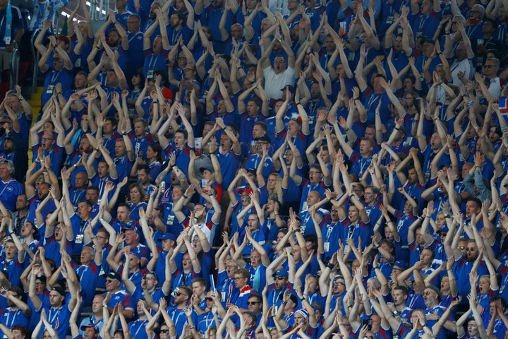 Iceland fans chant during the match at Spartak Stadium.