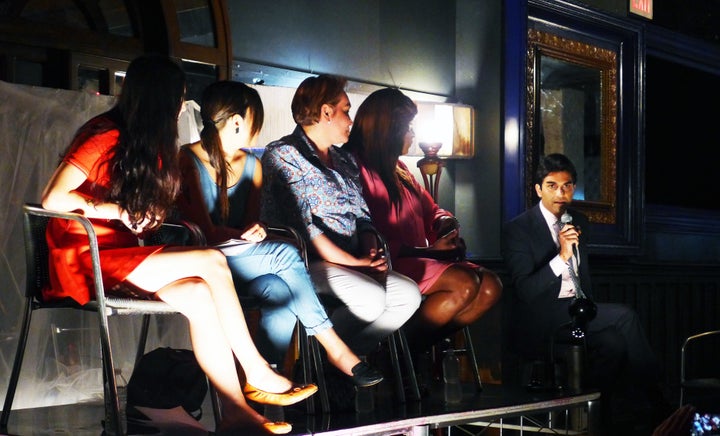 Suraj Patel (far left) speaks with activists Lola Balcon, Aya Tasaki Cecilia Gentili, and Ceyenne Doroshow on Saturday in Bro