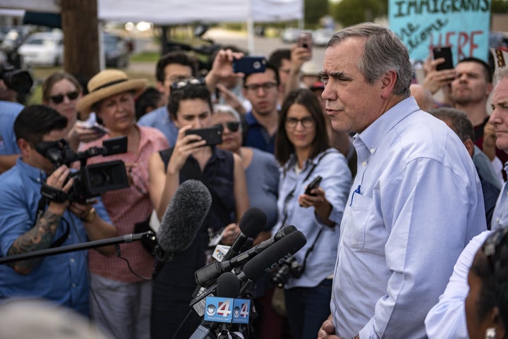 Senator Jeff Merkley (D-Ore.) speaks to members of the media outside a U.S. Border Patrol processing center in McAllen, Texas.