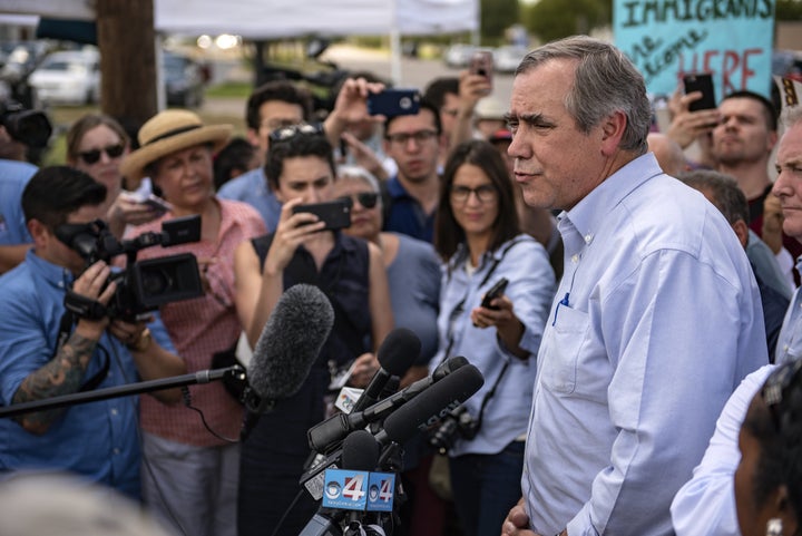 Senator Jeff Merkley (D-Ore.) speaks to members of the media outside a U.S. Border Patrol processing center in McAllen, Texas. 