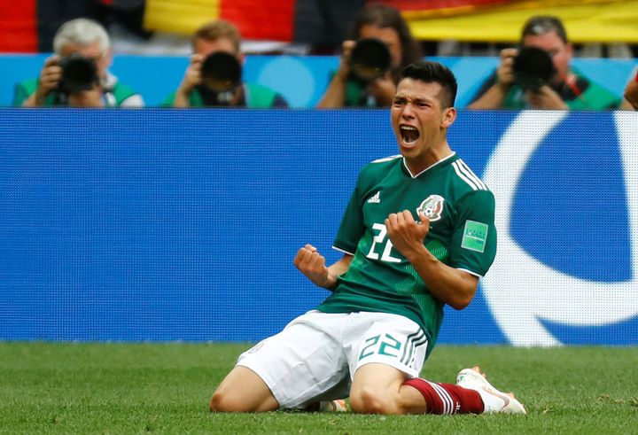 Mexico's Hirving Lozano celebrates scoring their first and winning goal against Germany at the World Cup in Russia