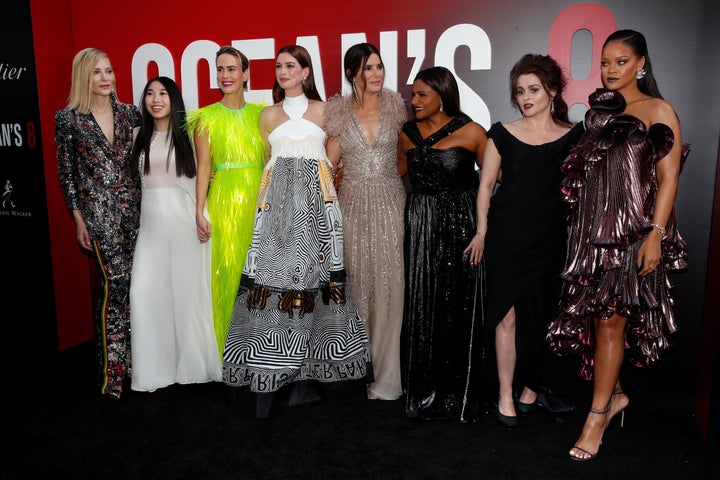 "Ocean's 8" cast members Cate Blanchett, Awkwafina, Sarah Paulson, Anne Hathaway, Sandra Bullock, Mindy Kaling, Helena Bonham Carter and Rihanna pose at the film's world premiere in New York.