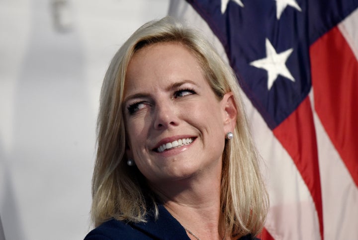 Homeland Security Secretary Kirstjen Nielsen participates in a the U.S. Coast Guard Change-of-Command Ceremony on June 1, 2018. 