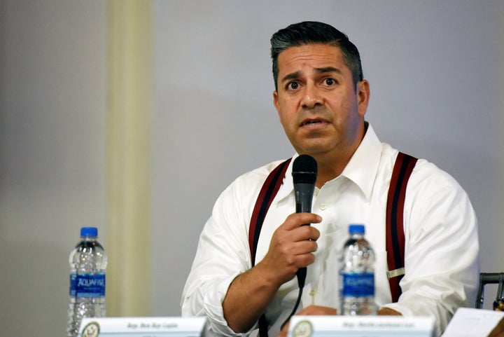 Rep. Ben Ray Luján (D-N.M.) speaks to reporters after visiting shelters in Brownsville, Texas, for minors apprehended