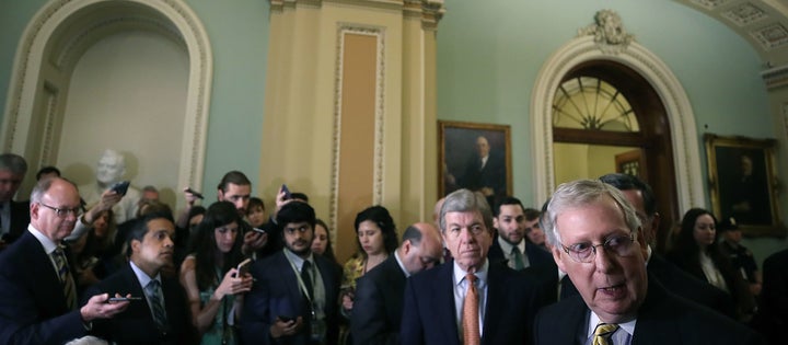 Senate Majority Leader Mitch McConnell (R-Ky.), shown here after a June 5 policy luncheon, declined to answer reporters' questions at the Capitol on Monday about family separations at the border.