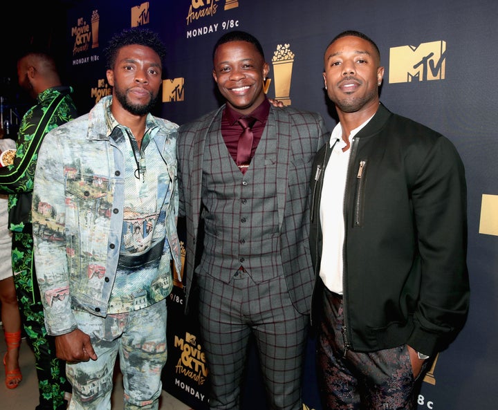 Chadwick Boseman, James Shaw Jr., and actor Michael B. Jordan attend the 2018 MTV Movie And TV Awards.