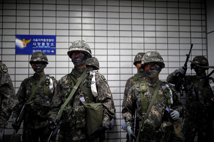 South Korean soldiers take part in an anti-terror drill as part of the Ulchi Freedom Guardian exercise in Seoul, South Korea&
