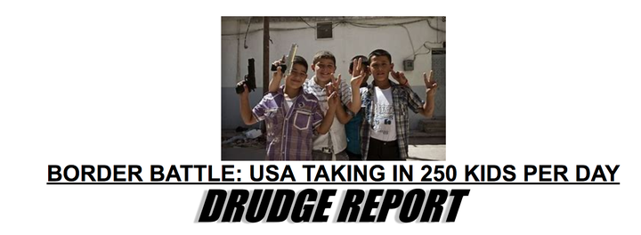 The Drudge Report's misleading headline/image pairing on June 18, 2018. It coupled an article about immigrant children coming into the U.S. with a photo of young boys in Syria shot in 2012.