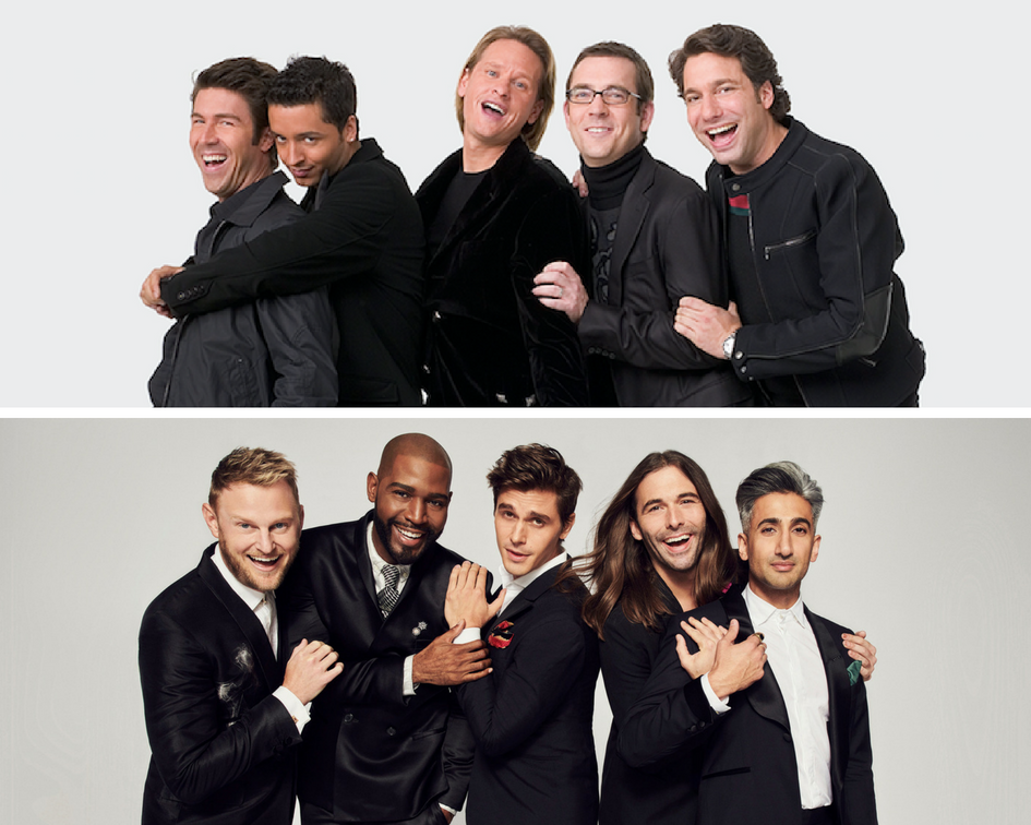 Top image: Kyan Douglas, Jai Rodriguez, Carson Kressley, Ted Allen, Thom Filicia. Bottom image: Bobby Berk, Karamo Brown, Antoni Porowski, Jonathan Van Ness, Tan France.