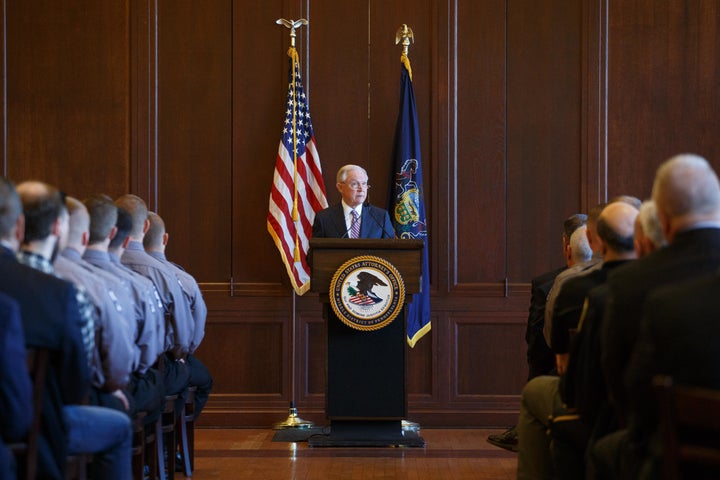 Attorney General Jeff Sessions addresses cadets at the Lackawanna College Police Academy in Scranton, Pen