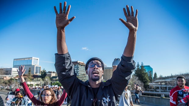 Black Lives Matter supporters walk on to the northbound Interstate 5 on-ramp from I street during a rally for Stephon Clark, a man that was shot by Sacramento Police Sunday night on southbound Interstate 5 near Old Sacramento, on Thursday, March 22, 2018. (Hector Amezcua/Sacramento Bee/TNS via Getty Images)
