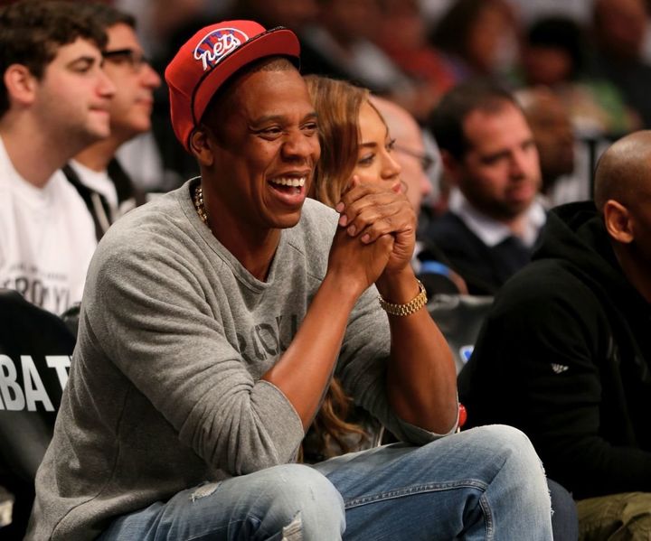 Jay-Z and Beyonce attend Game Six of the Eastern Conference Quarterfinals during the 2014 NBA Playoffs at the Barclays Center on May 2, 2014 in New York City. 