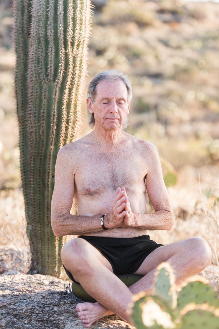 Khevin sits in meditation at Saguaro National Park in Arizona.