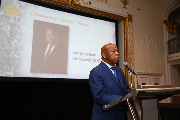 Rep. John Lewis (D-Ga.) accepts the PFLAG National Champion of Justice Award at the organization's 45th anniversary celebration in Washington, D.C., on May 9.