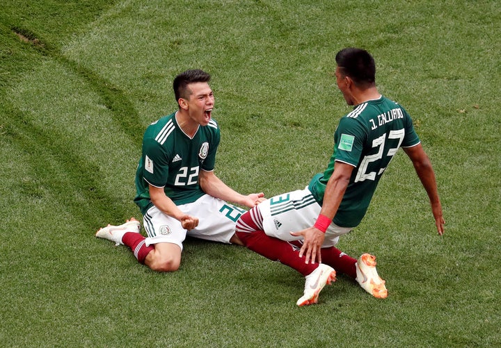 Hirving Lozano (left) celebrates scoring Mexico's first goal with Jesús Gallardo in Moscow on June 17.