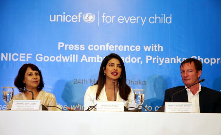 UNICEF Goodwill Ambassador Priyanka Chopra speaks at a news conference in Dhaka, Bangladesh, on May 24, 2018.