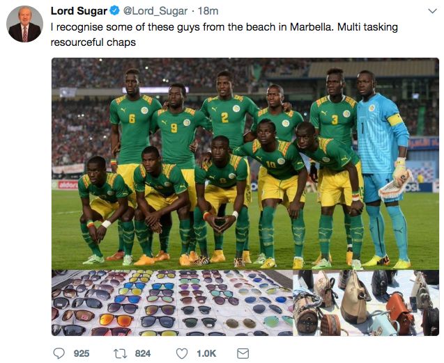 Lord Sugar came under fire for posting this tweet