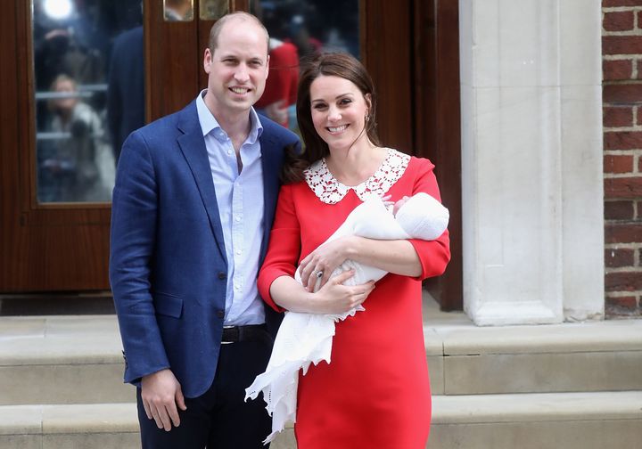 The Duke and Duchess of Cambridge with their newborn son, Prince Louis of Cambridge, on April 23 in London. 