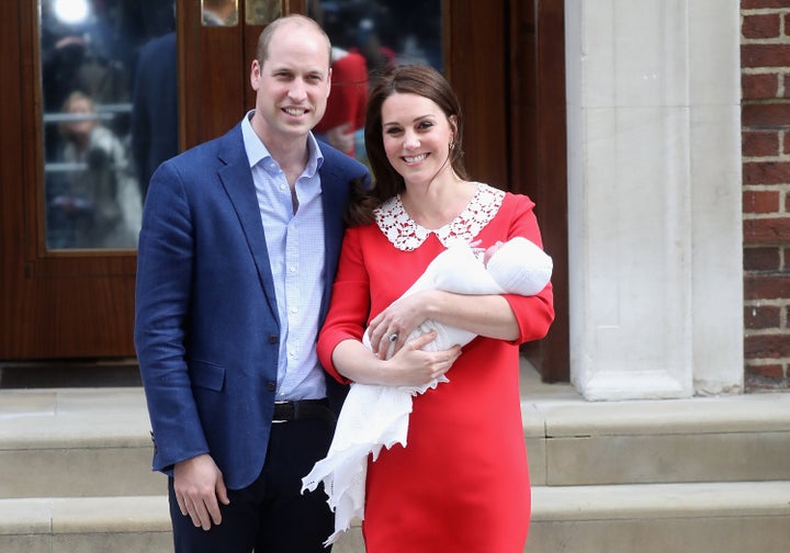 The Duke and Duchess of Cambridge with their newborn son, Prince Louis of Cambridge, on April 23 in London.