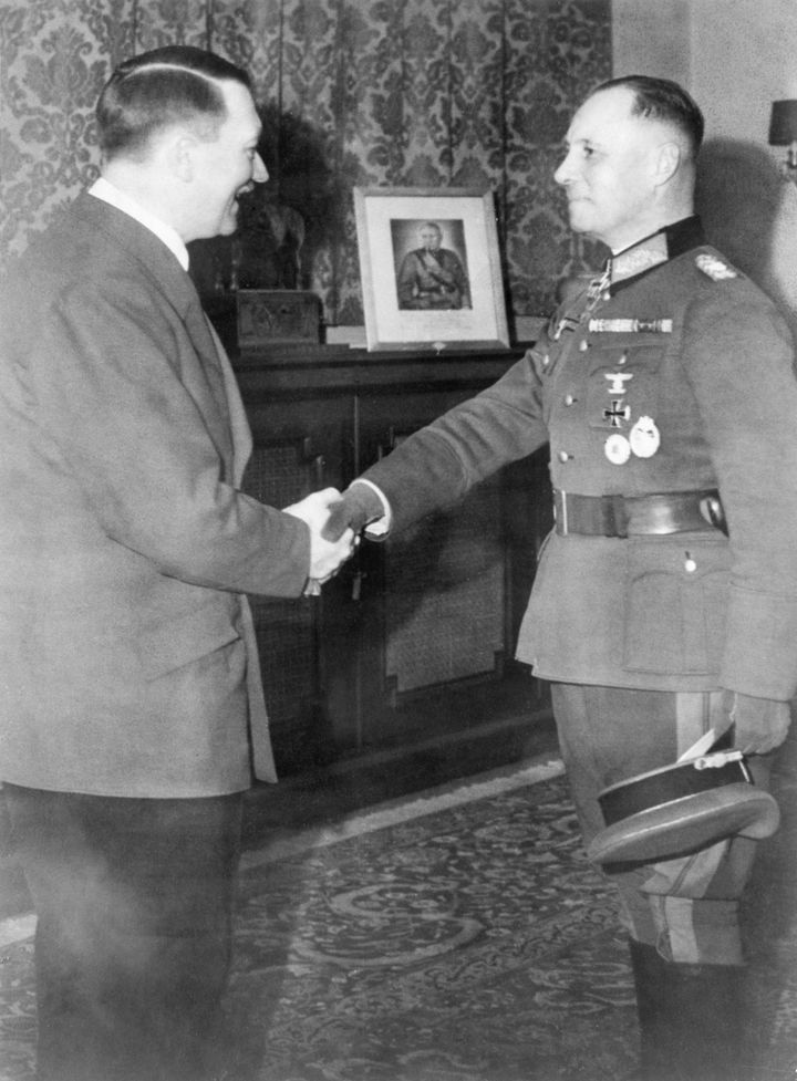 Erwin Rommel (right) shakes the hand of Nazi leader Adolf Hitler 