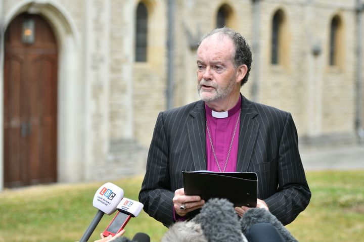Bishop James Jones delivers a statement on behalf of the panel outside Portsmouth Cathedral.