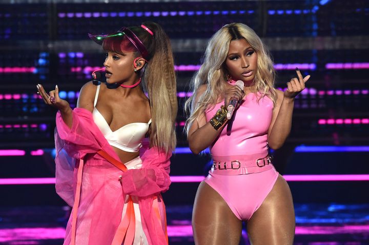 Ariana Grande and Nicki Minaj perform onstage during the 2016 MTV Video Music Awards.