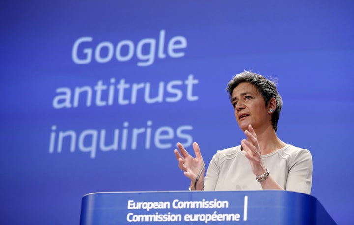 European Competition Commissioner Margrethe Vestager addresses a news conference in April 2015 about her antitrust investigation into Google.