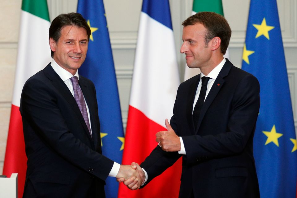 French President Emmanuel Macron and Italian Prime Minister Giuseppe Conte shake hands after a meeting in Paris last week which following a bitter diplomatic spat over the Italian government's refusal to give the Aquarius permission to dock.