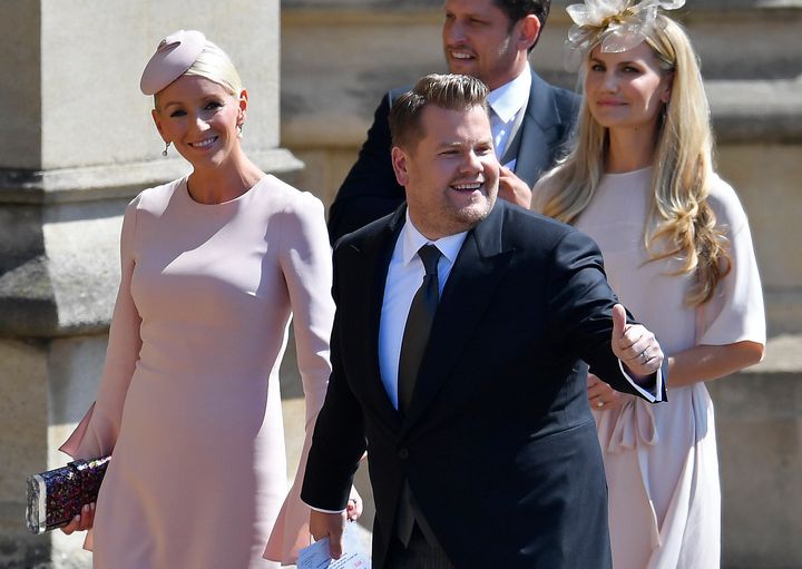 Actor and TV host James Corden and his wife, Julia Carey, arrive at the royal wedding on May 19.