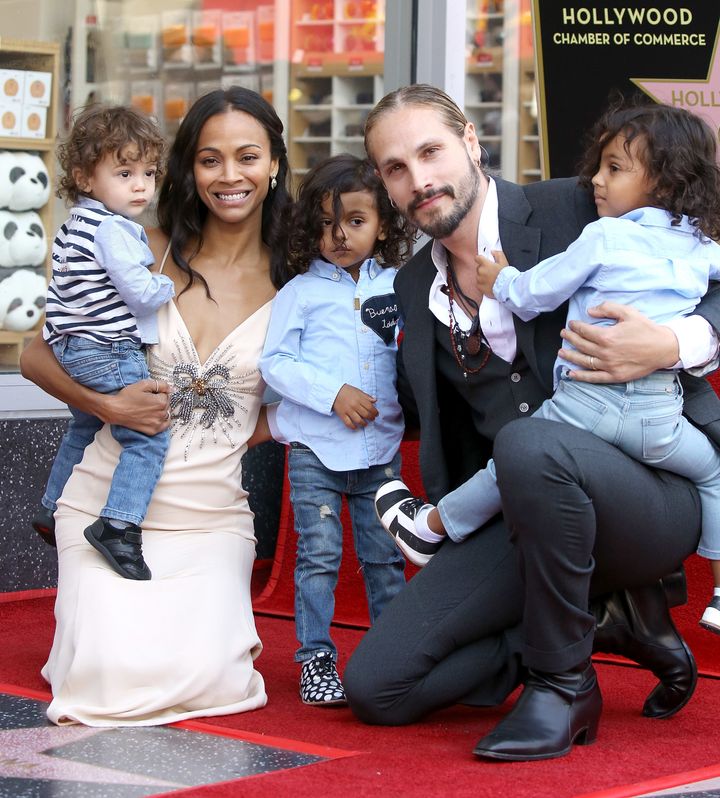 Saldana with her husband, Marco Perego, and their three children at the ceremony honoring the actress with a star on the Hollywood Walk of Fame on May 3, 2018.