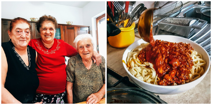 Left to right: Graziella, Franca and Elide get together in the kitchen to make their ragù (right).