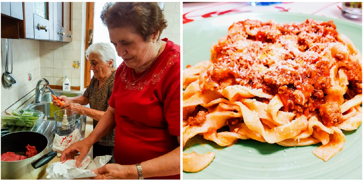 Franca (in red) and Elide prepare the ingredients for their ragù.