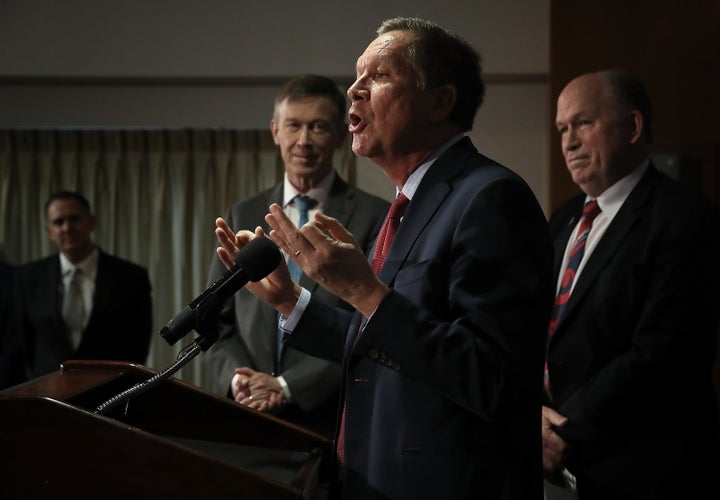 Ohio Gov. John Kasich (R), Colorado Gov. John Hickenlooper (D) and Alaska Gov. Bill Walker (independent) at a February n