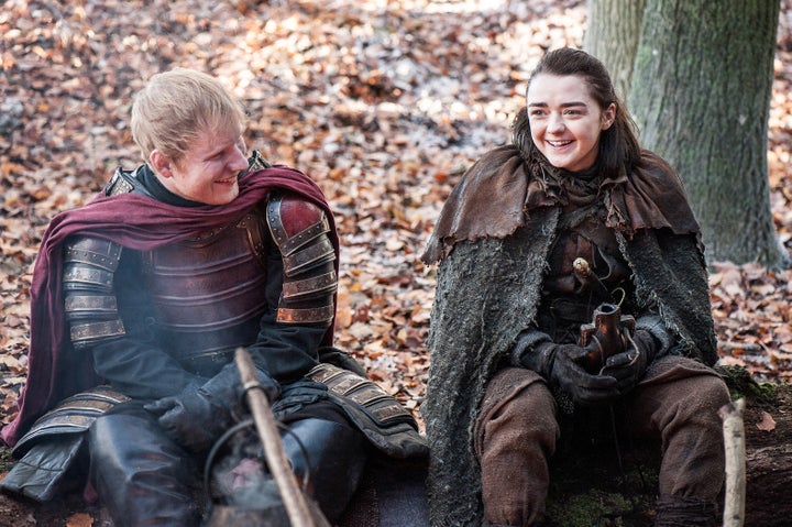 Ed Sheeran and Maisie Williams in “Game of Thrones.” She was happy to see him, at least.