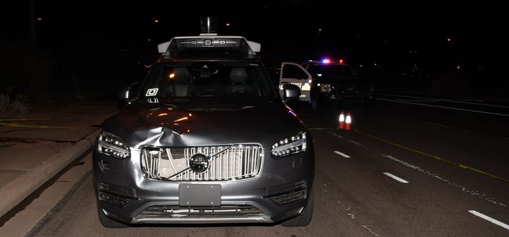 A photo of the self-driving Uber SUV in Tempe immediately following the fatal accident in March.