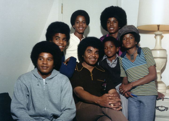 Clockwise from bottom left: Jackie, Tito, Marlon, Jermaine, Michael, Randy and Joe Jackson pictured soon after landing a Motown Records contract.