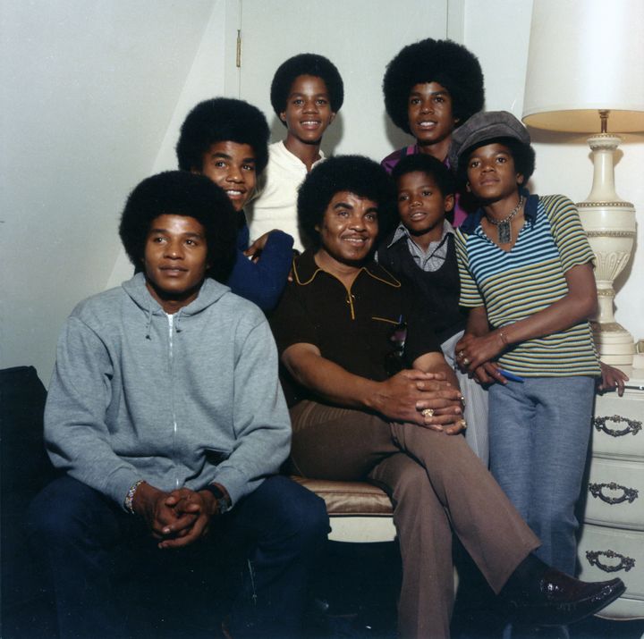 Clockwise from bottom left: Jackie, Tito, Marlon, Jermaine, Michael, Randy and Joe Jackson pictured soon after landing a Motown Records contract.