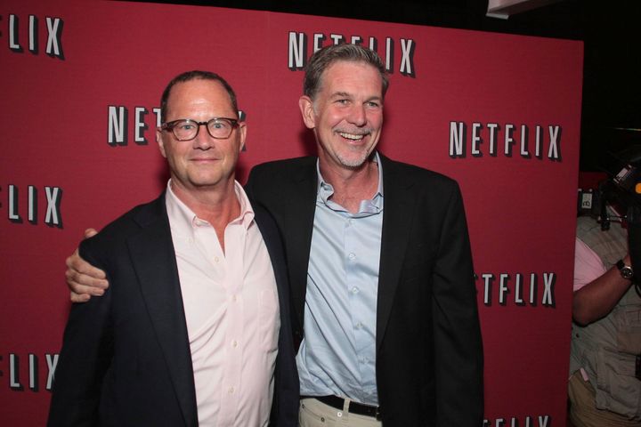 Jonathan Friedland (left) and Reed Hastings pose for a photo during the celebration of the first anniversary of Netflix in Mexico in 2012.