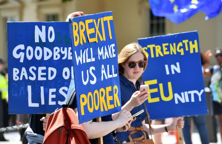 Crowds gather on Pall Mall in central London, during the People's Vote march for a second EU referendum.