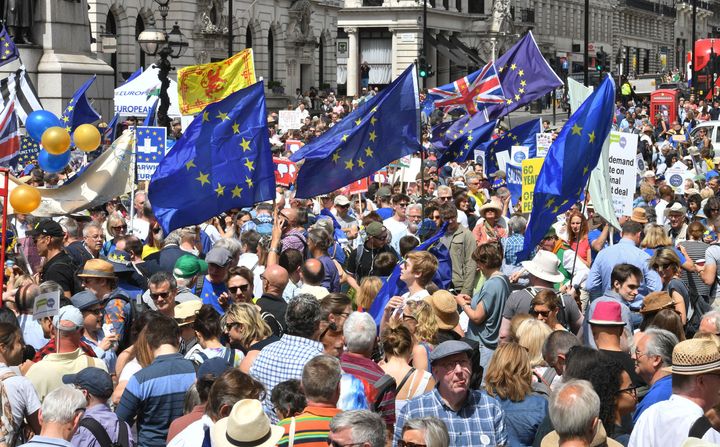 Crowds gather on Pall Mall in central London, during the People's Vote march for a second EU referendum.