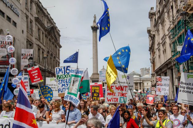 Protestors march during the People's Vote demonstration.