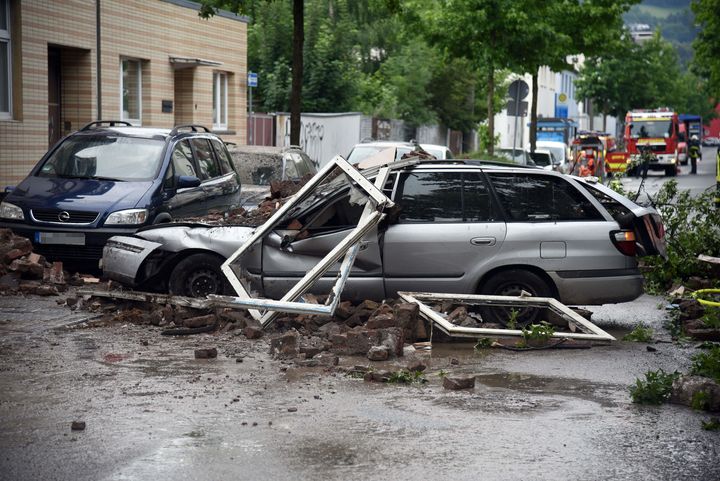 Debris covers the road after an explosion at a house in western Germany.