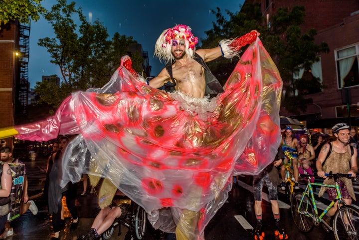 New York City Drag March remembering and honoring Gilbert Baker (1951-2017), the creator of the rainbow flag and co-founder of the Drag March.