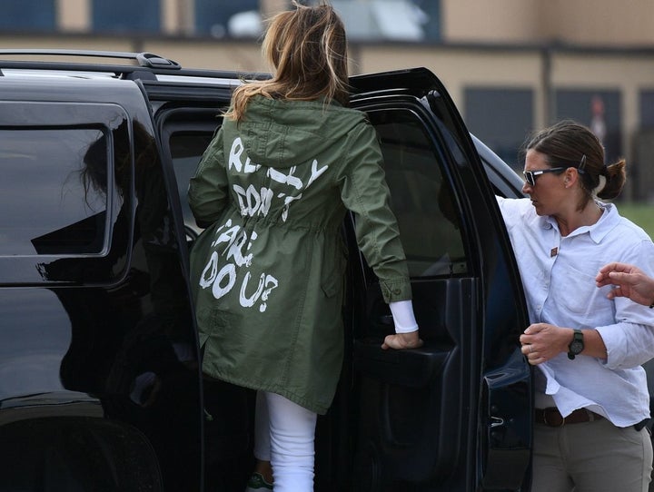 Melania Trump has been accused of sending a negative message with her jacket. 