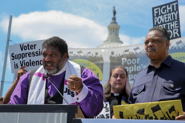 From left: The Rev. Wiliam Barber, the Rev. Liz Theoharis and the Rev. Jesse Jackson at a Poor People’s Campaign rally in Washington near the start of its six-week initiative on May 21.