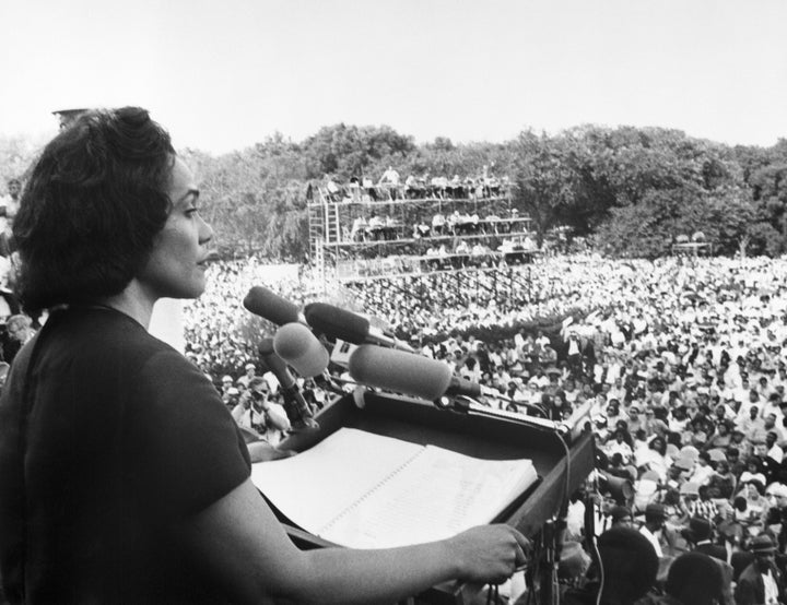 Coretta Scott King addressing a Poor People’s Campaign rally from the steps of the Lincoln Memorial on June 19, 1968. She told the nearly 50,000-strong crowd that “racism, poverty and war” combined to make matters worse for poor black and white people alike.